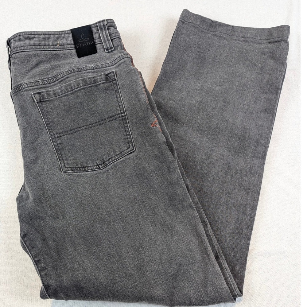 Prana Bridger Jean Mens 34x34 Charcoal Straight Gorpcore Rugged Eco Denim Hiking